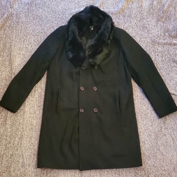 boohooMAN Double Breasted Wool Overcoat With Faux Fur Trim In Black - Picture 3 of 8